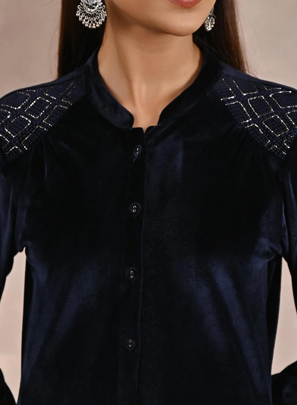 Navy Blue Velvet Tunic with Cut Work & Hand Embroidery