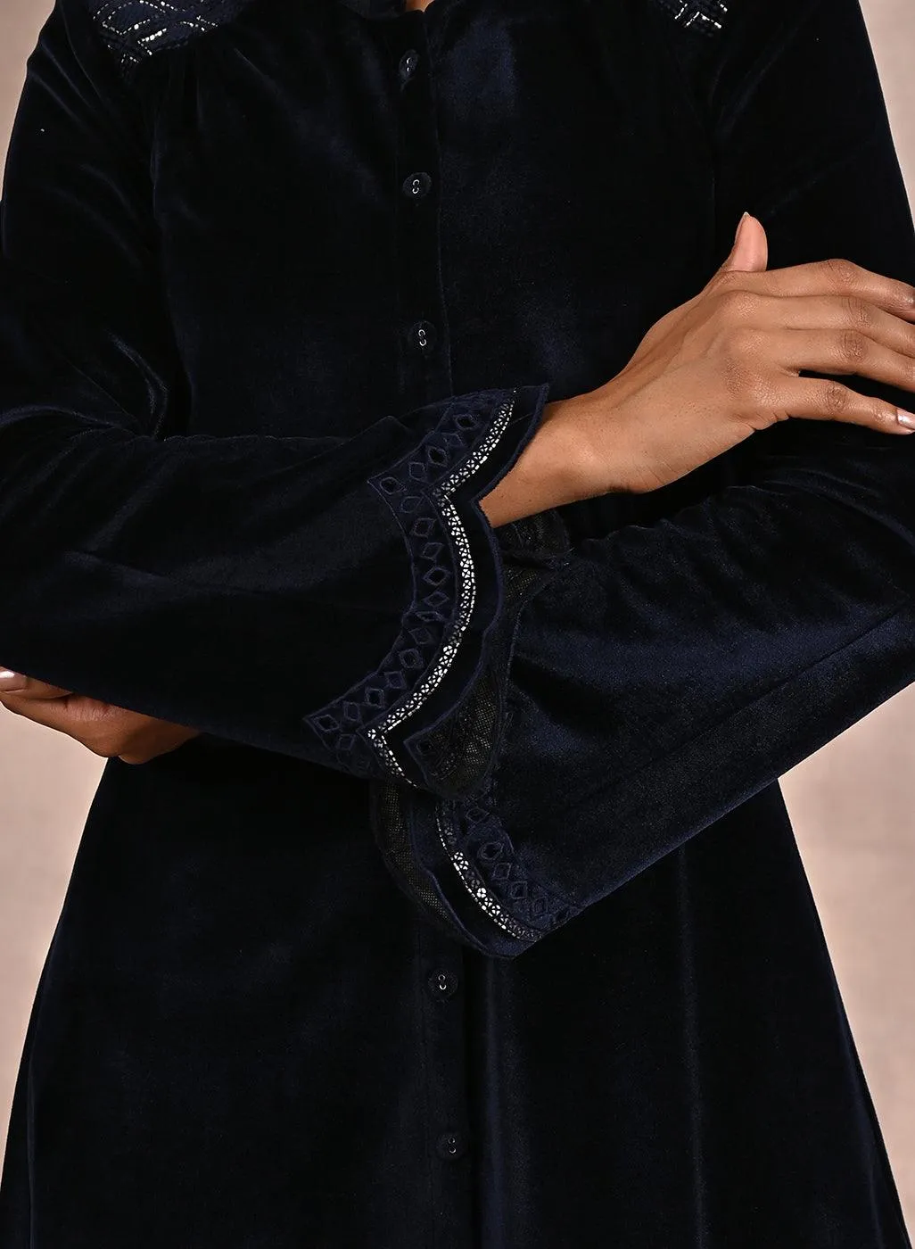 Navy Blue Velvet Tunic with Cut Work & Hand Embroidery