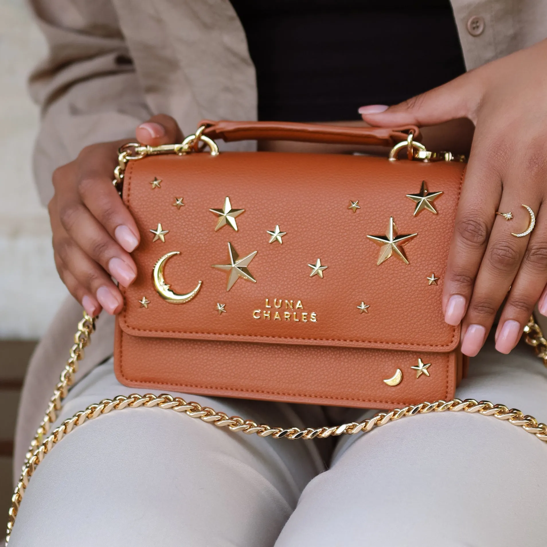 Nova Star Studded Handbag - Tan & Gold