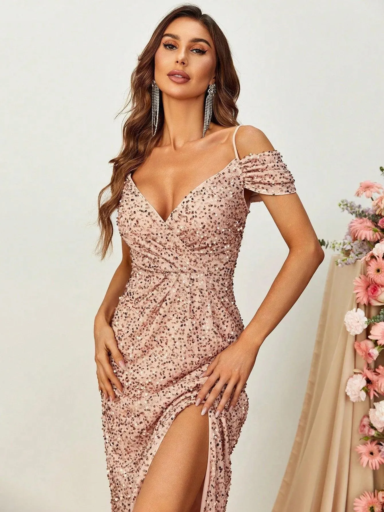 Off Shoulder Short Sleeve Sequin A Line Slit Dresses