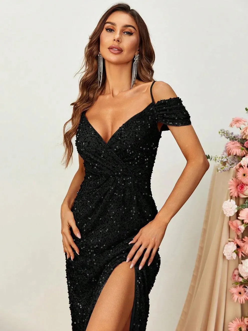 Off Shoulder Short Sleeve Sequin A Line Slit Dresses