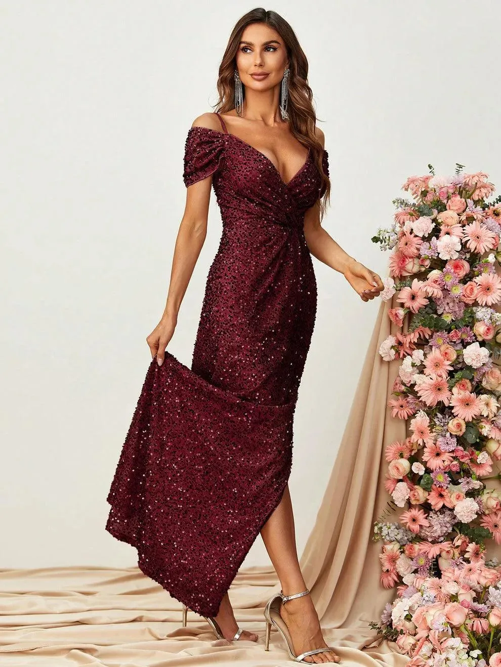 Off Shoulder Short Sleeve Sequin A Line Slit Dresses