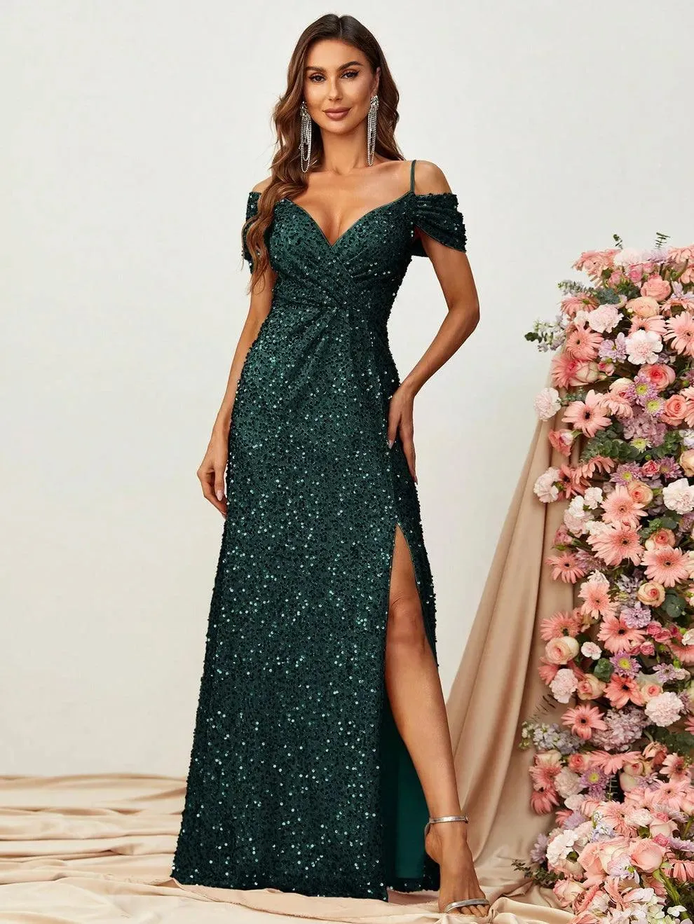 Off Shoulder Short Sleeve Sequin A Line Slit Dresses