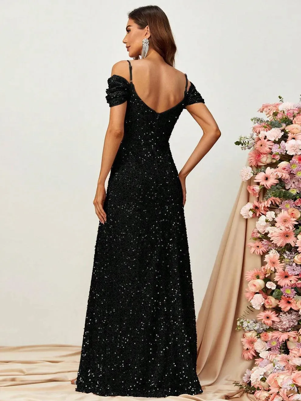 Off Shoulder Short Sleeve Sequin A Line Slit Dresses