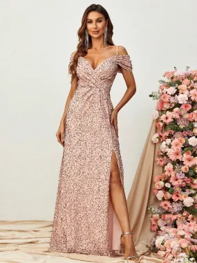 Off Shoulder Short Sleeve Sequin A Line Slit Dresses