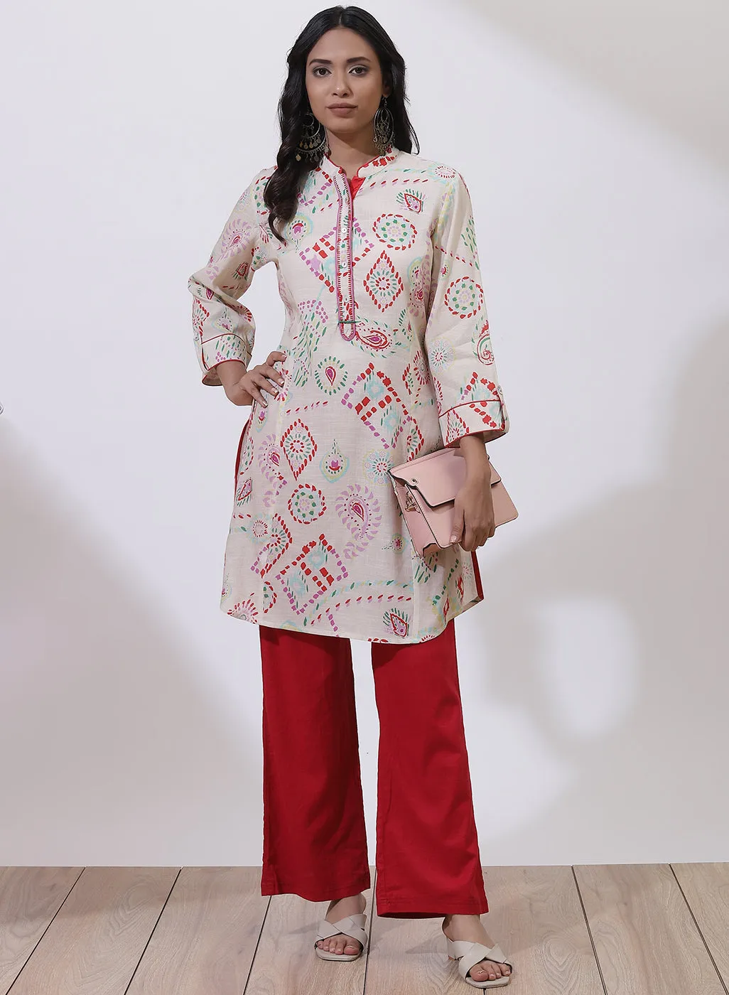 Off White and Red Printed Nargis Kurti