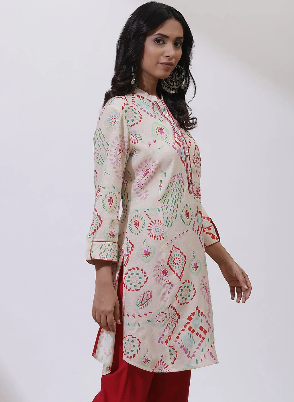 Off White and Red Printed Nargis Kurti