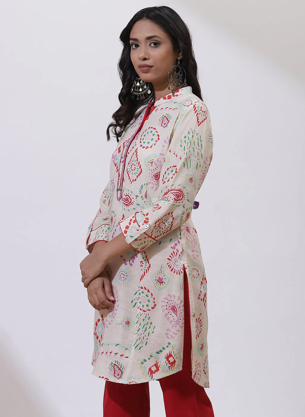 Off White and Red Printed Nargis Kurti