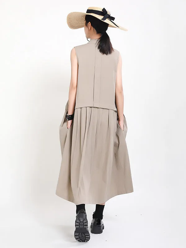 Original Solid Color Sleeveless Stand Collar Shirt Dress