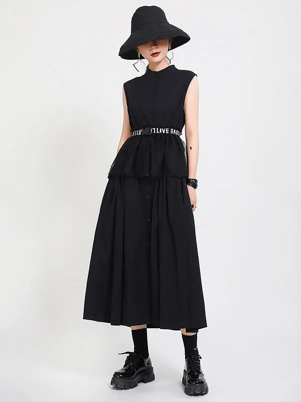 Original Solid Color Sleeveless Stand Collar Shirt Dress