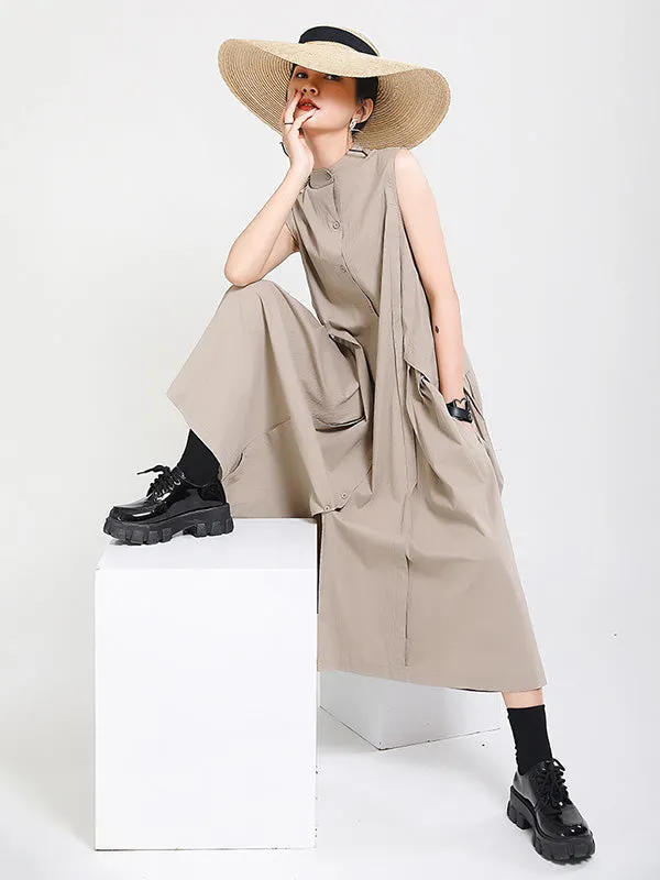 Original Solid Color Sleeveless Stand Collar Shirt Dress