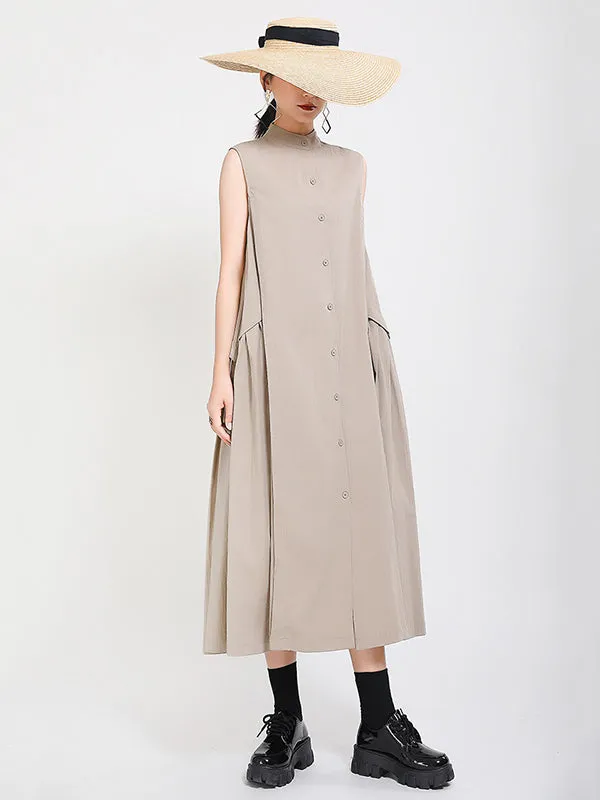 Original Solid Color Sleeveless Stand Collar Shirt Dress