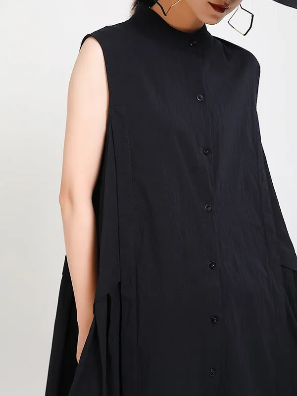 Original Solid Color Sleeveless Stand Collar Shirt Dress