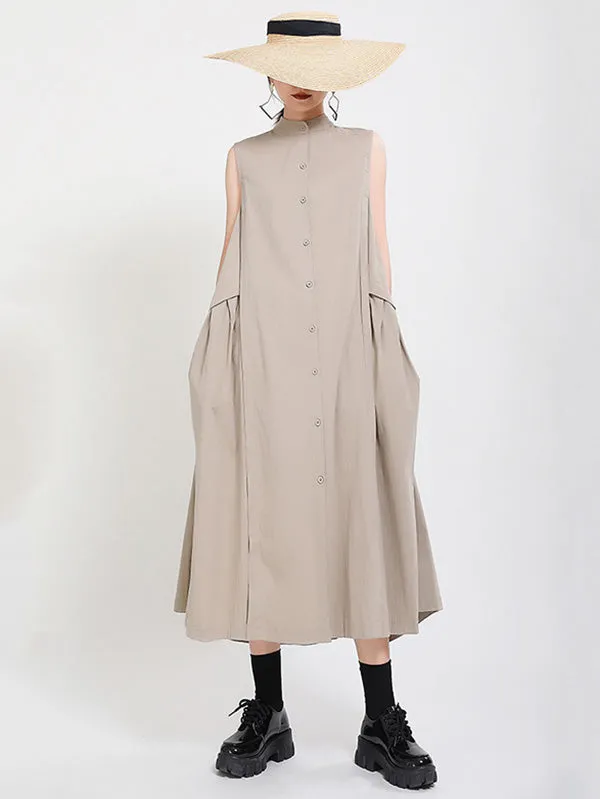 Original Solid Color Sleeveless Stand Collar Shirt Dress