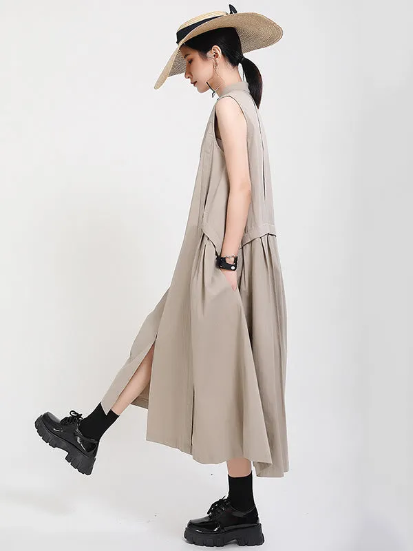 Original Solid Color Sleeveless Stand Collar Shirt Dress