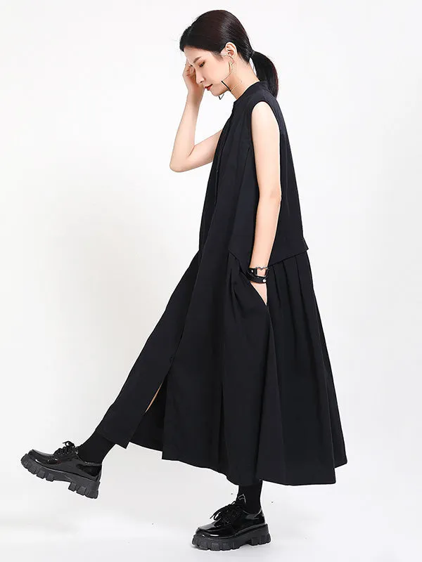 Original Solid Color Sleeveless Stand Collar Shirt Dress