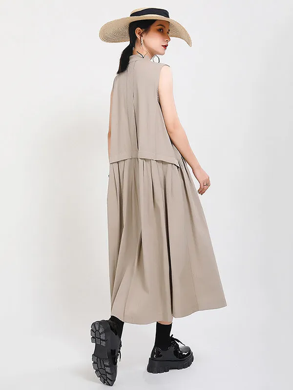 Original Solid Color Sleeveless Stand Collar Shirt Dress