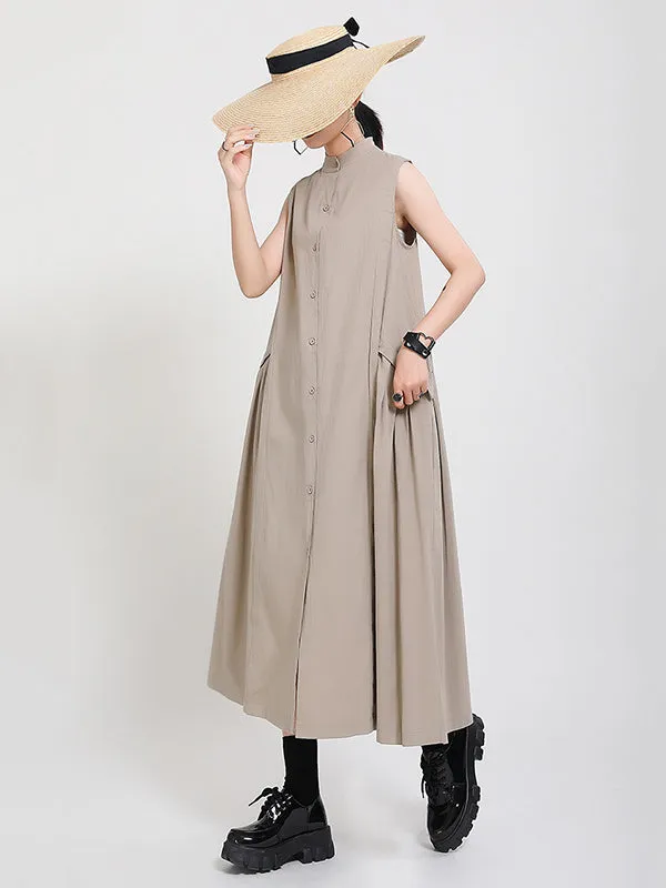 Original Solid Color Sleeveless Stand Collar Shirt Dress