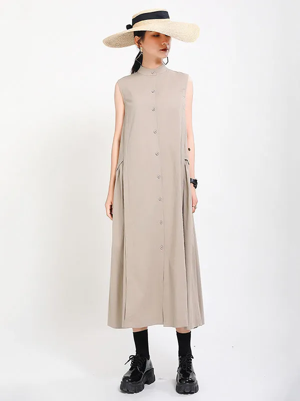 Original Solid Color Sleeveless Stand Collar Shirt Dress