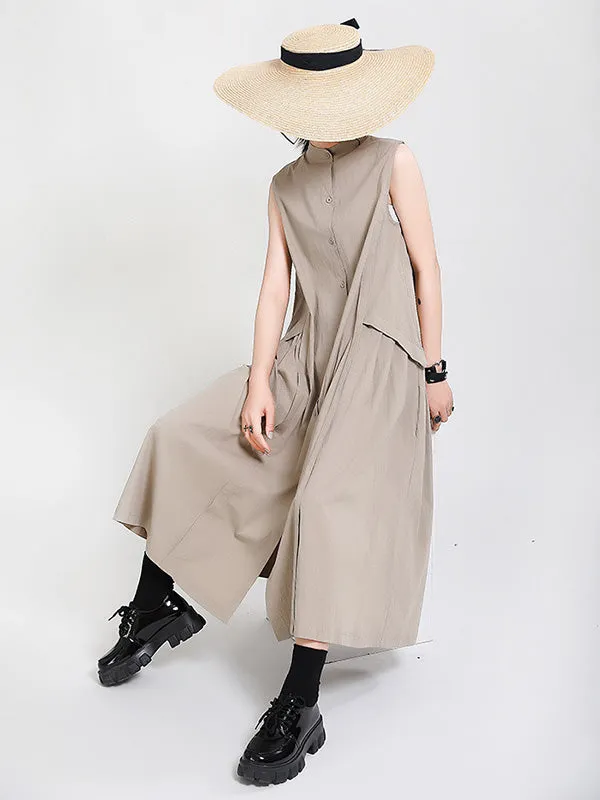 Original Solid Color Sleeveless Stand Collar Shirt Dress