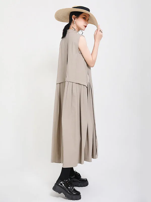 Original Solid Color Sleeveless Stand Collar Shirt Dress