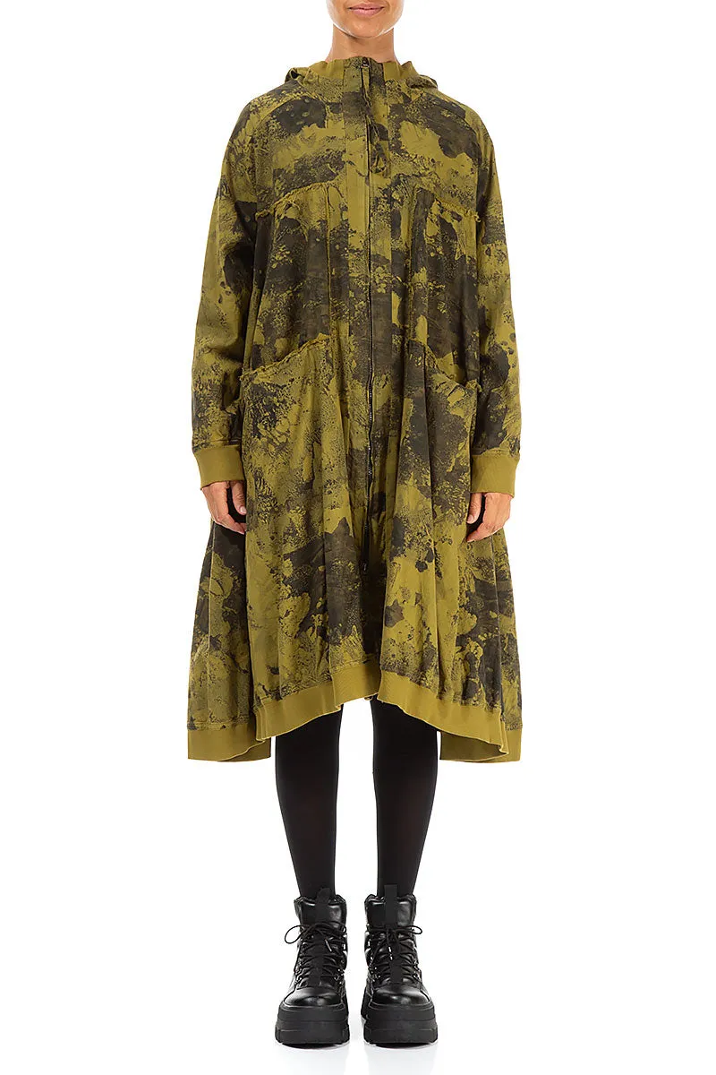 Oversized Golden Olive Marble Cotton Swing Coat