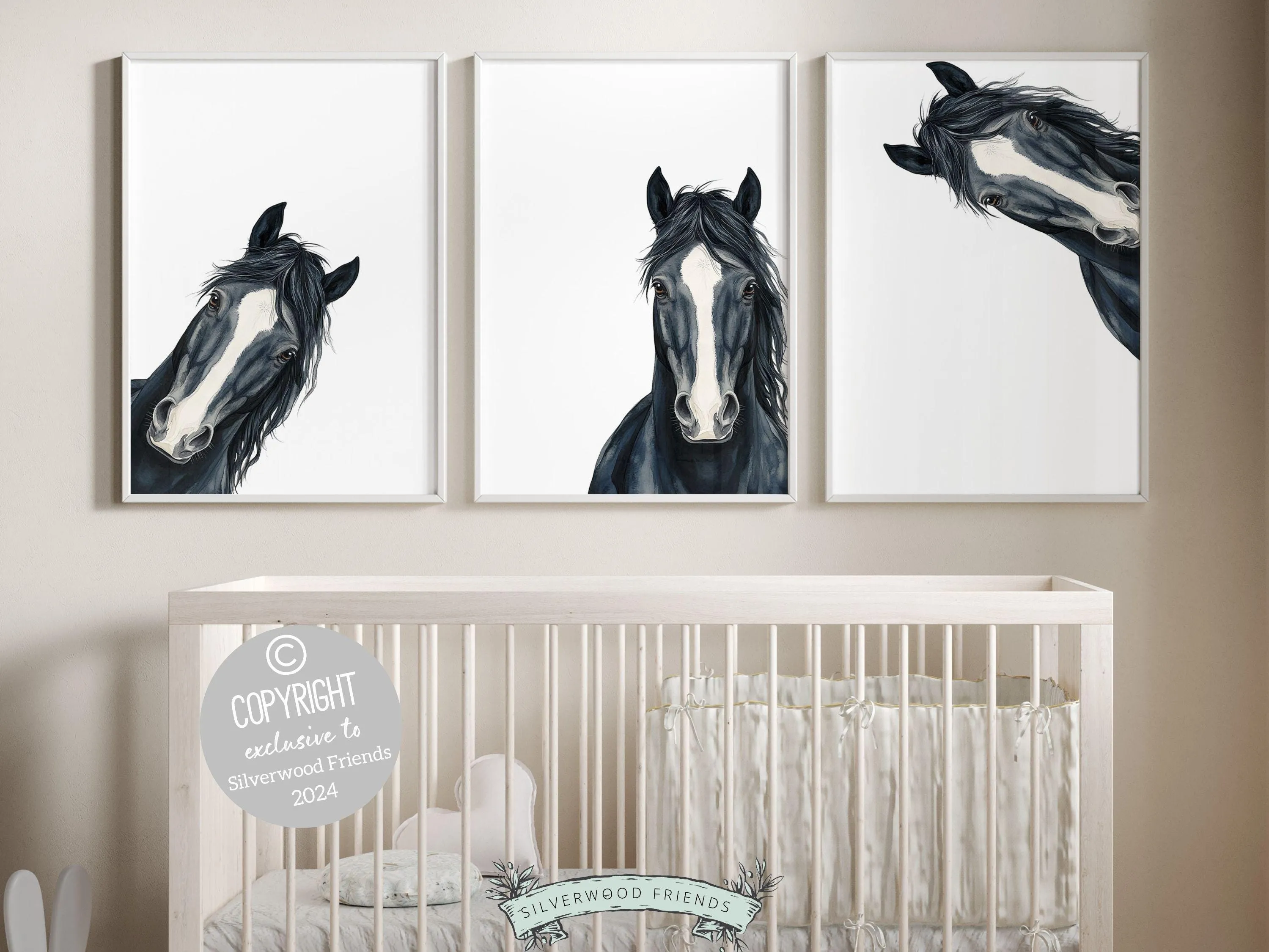 Peeking Black Horse Nursery Print - 001