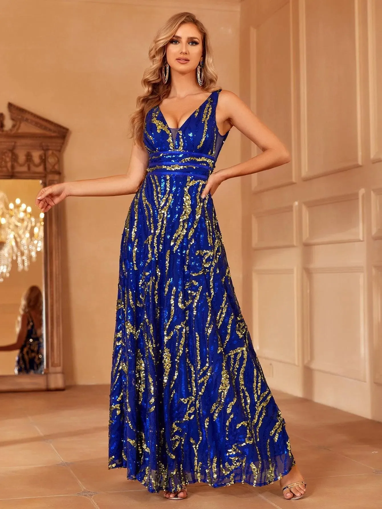 Plunging Neck Backless Sequin Prom Dress