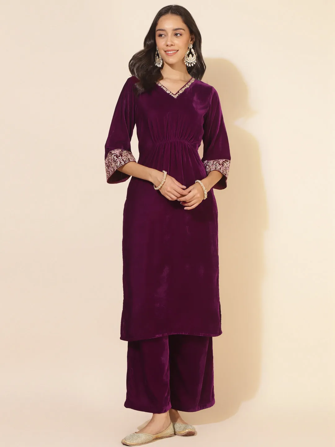 Purple Velvet Embellished Kurta with Palazzo