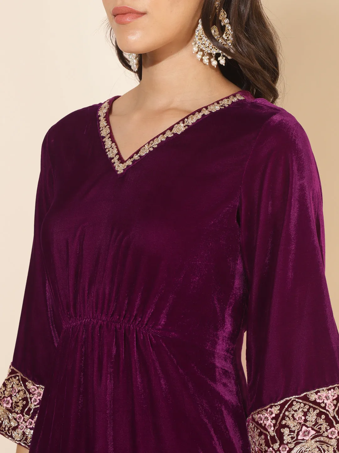 Purple Velvet Embellished Kurta with Palazzo