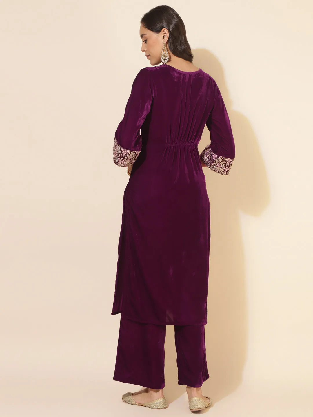 Purple Velvet Embellished Kurta with Palazzo