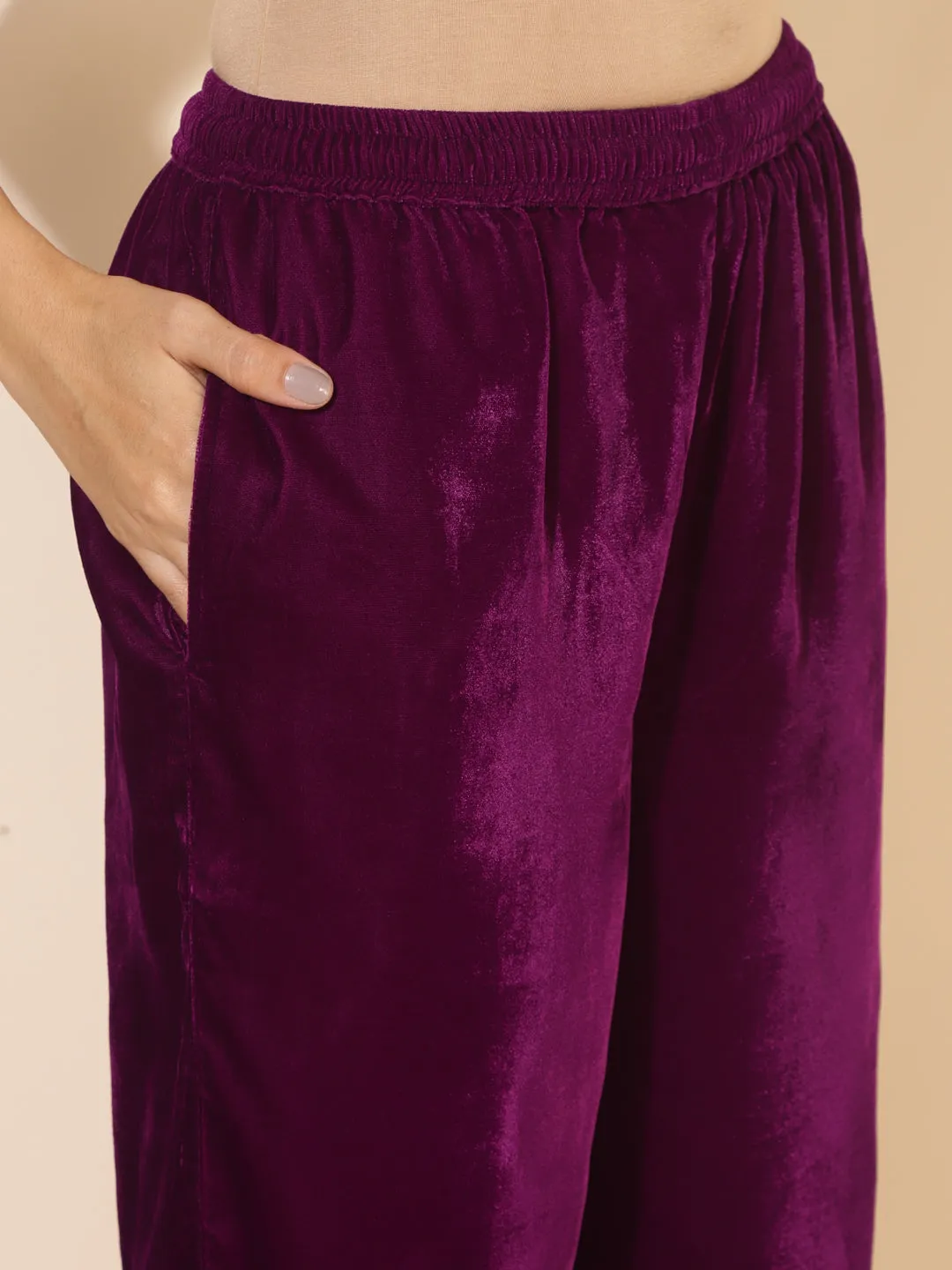 Purple Velvet Embellished Kurta with Palazzo