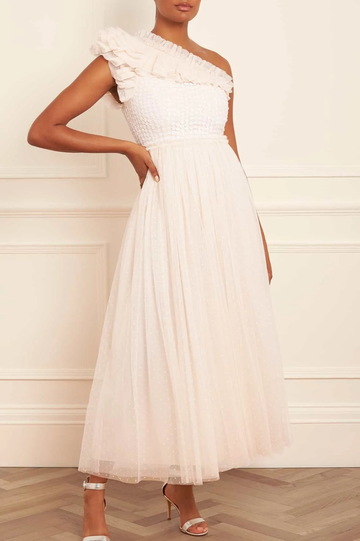 Raindrop Bodice One-Shoulder Ankle Gown