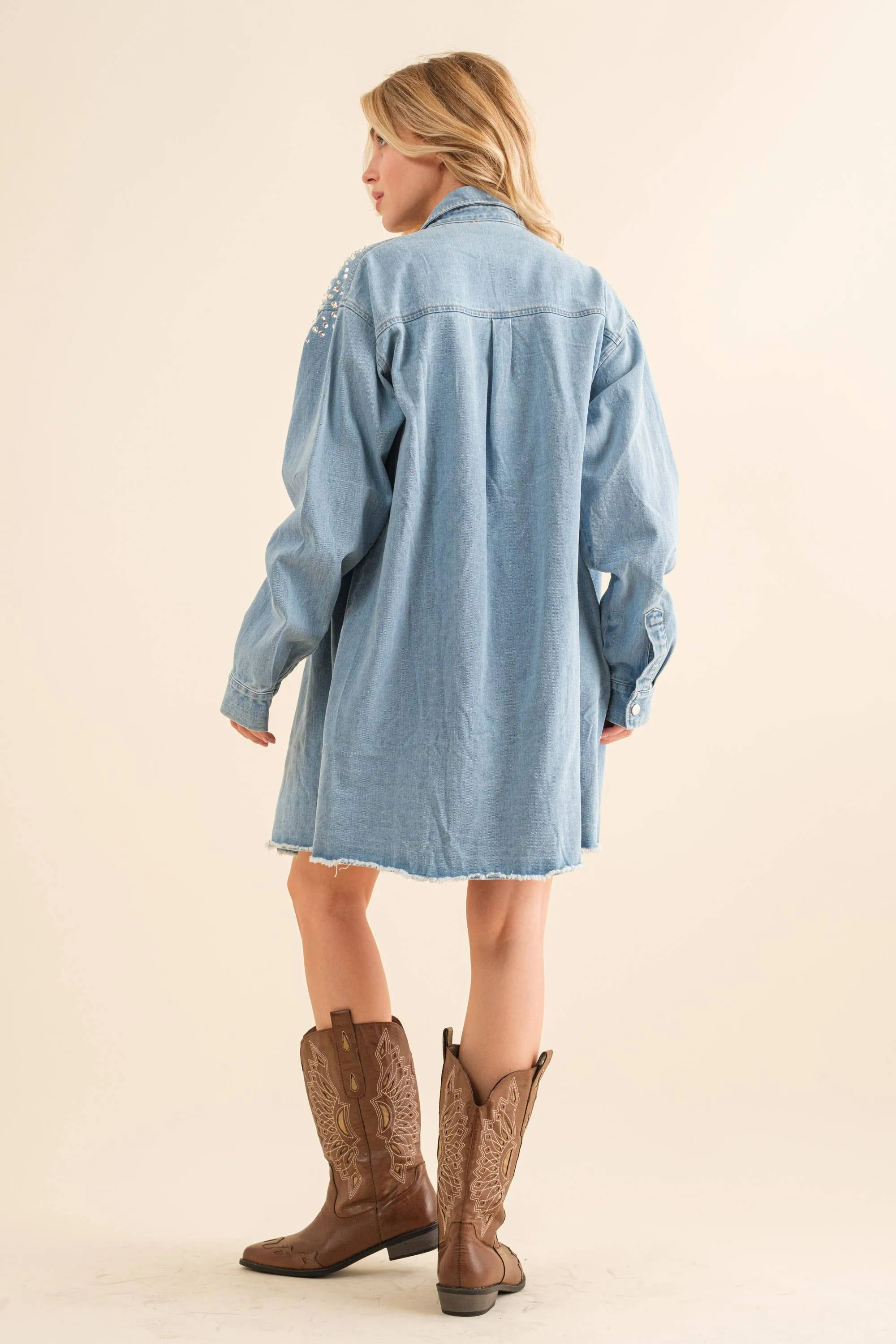 Rhinestone Gem Oversized Denim Tunic Shirt at Bourbon Cowgirl