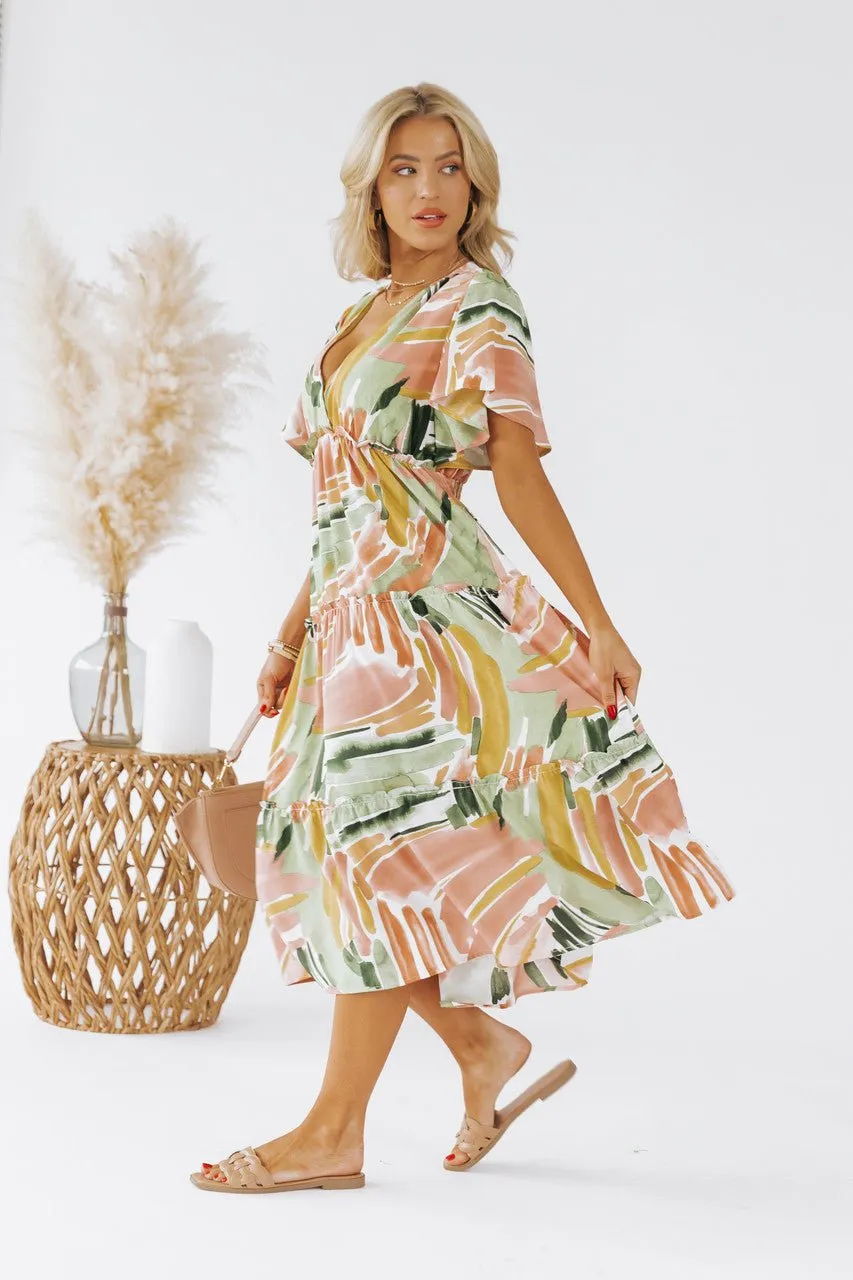 Sage Mix Print Short Sleeve Midi Dress - FINAL SALE