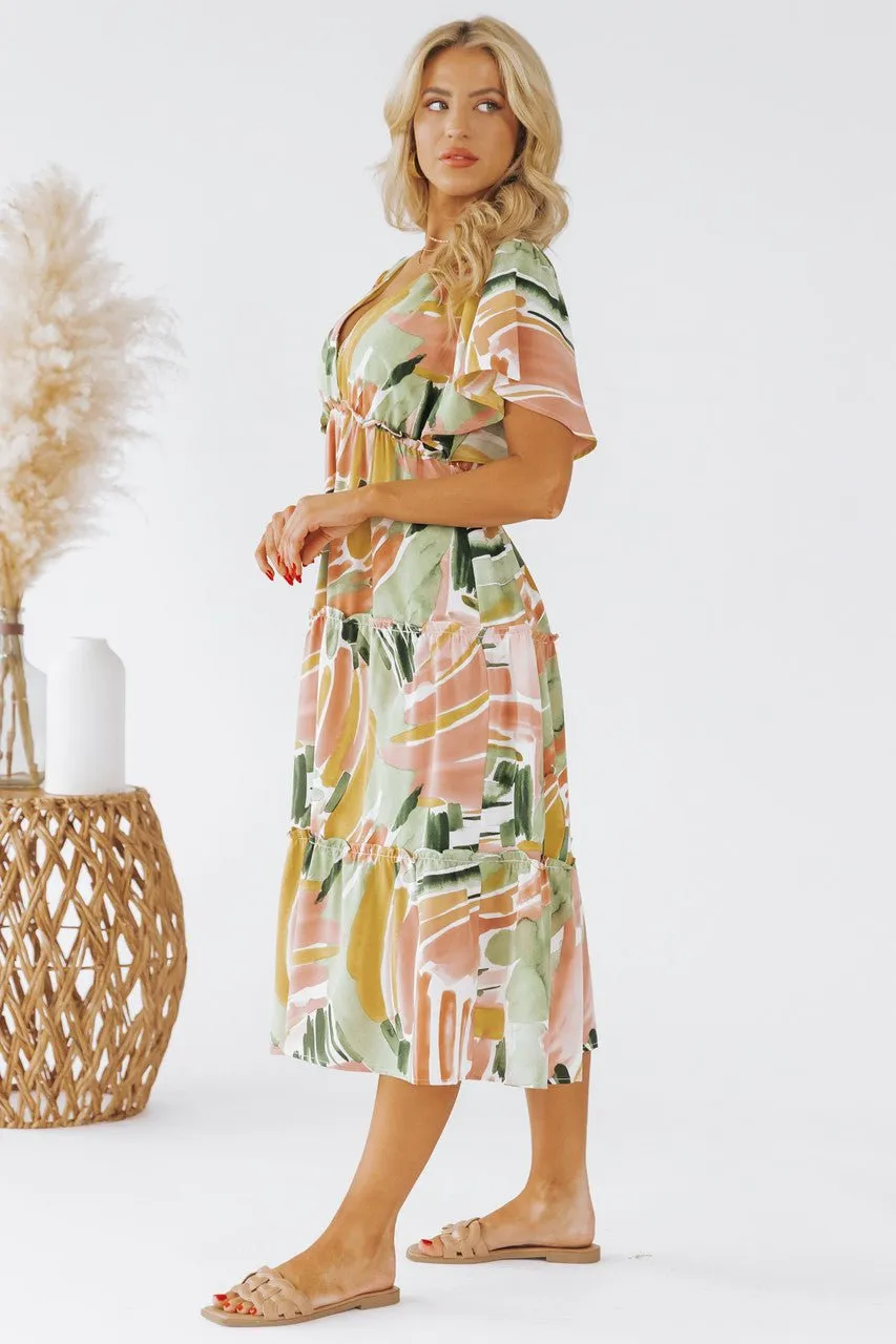 Sage Mix Print Short Sleeve Midi Dress - FINAL SALE