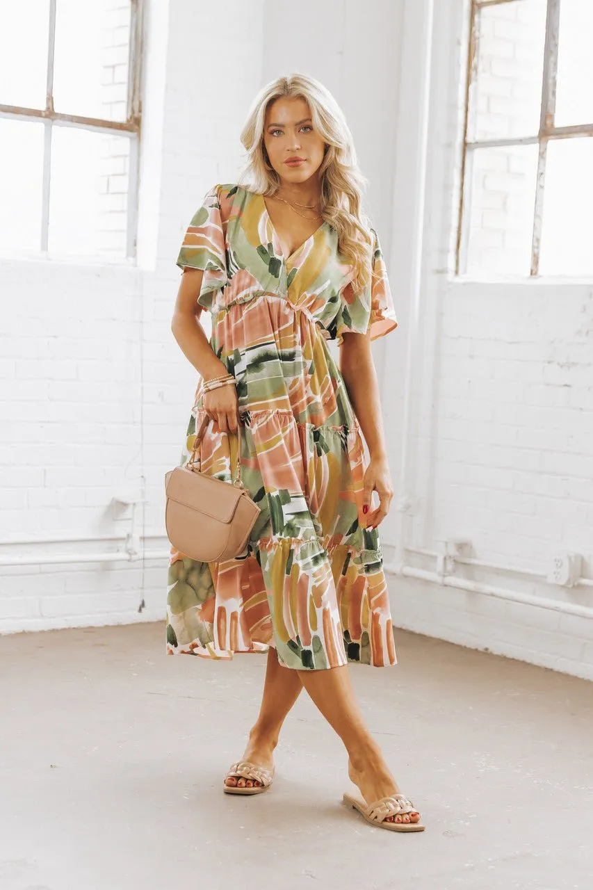 Sage Mix Print Short Sleeve Midi Dress - FINAL SALE