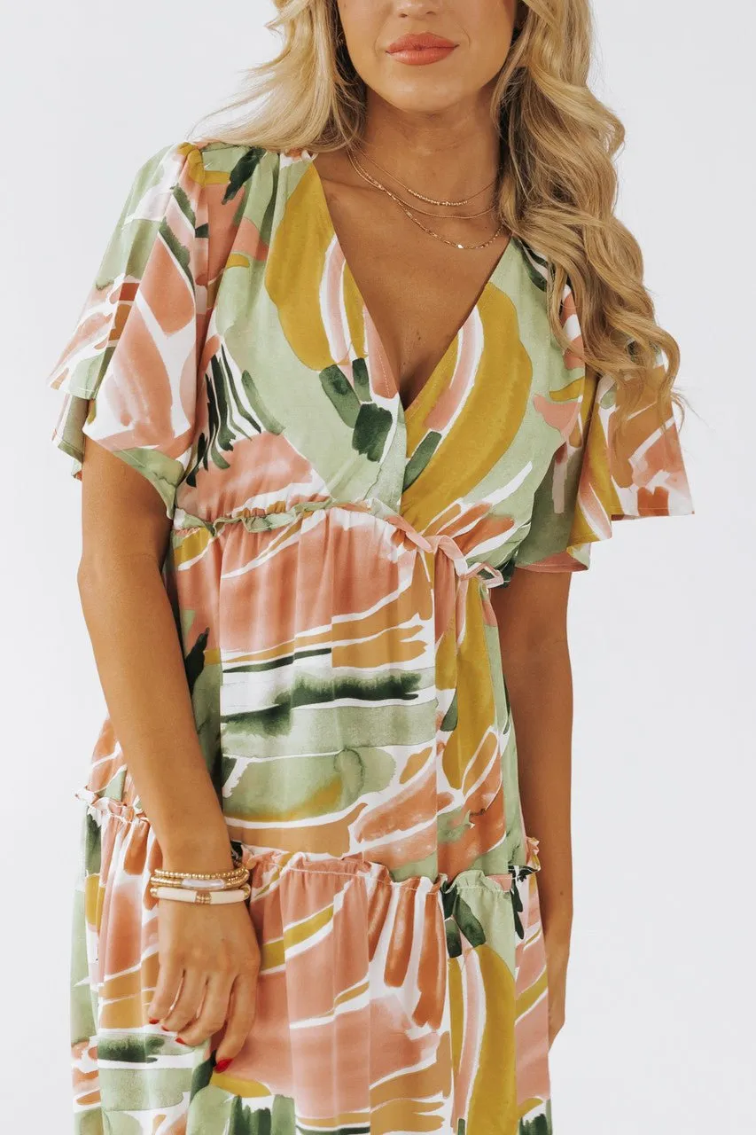 Sage Mix Print Short Sleeve Midi Dress - FINAL SALE