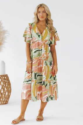 Sage Mix Print Short Sleeve Midi Dress - FINAL SALE