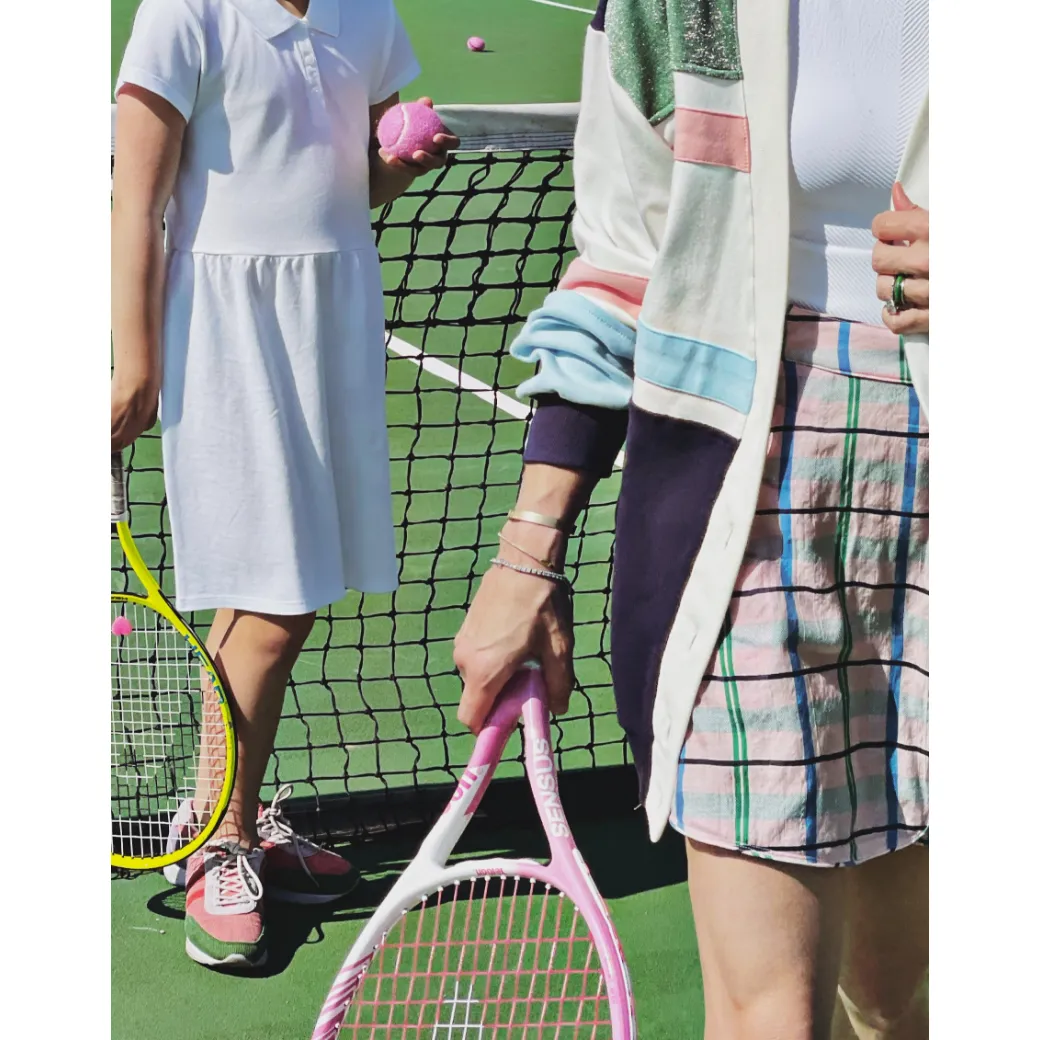 SAMPLE - Reversible Tennis Skirt - Pink Plaid & Green Lurex