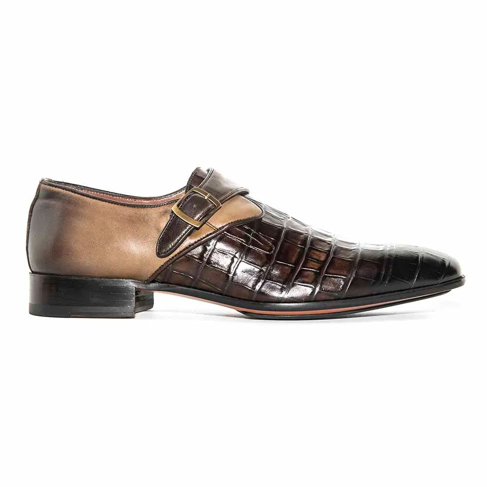 SIGOTTO Uomo Croc Monk Brown Crocodile Buckle Dress Shoes