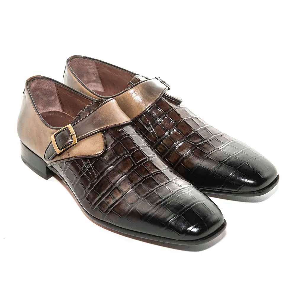 SIGOTTO Uomo Croc Monk Brown Crocodile Buckle Dress Shoes