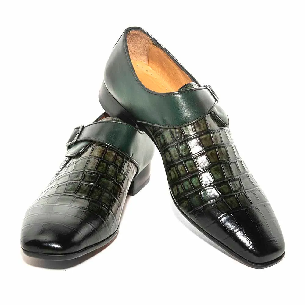 SIGOTTO Uomo Green Crocodile Print Leather Buckle Dress Shoes