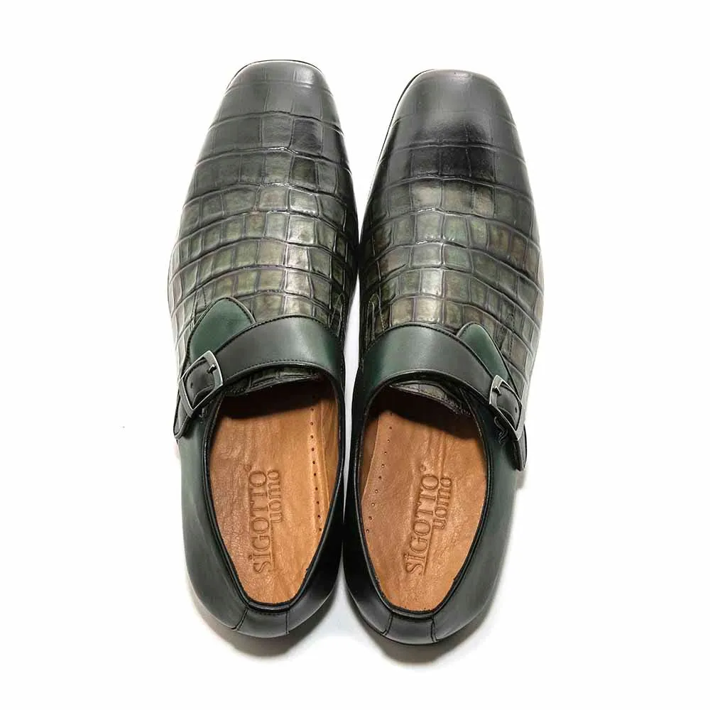 SIGOTTO Uomo Green Crocodile Print Leather Buckle Dress Shoes