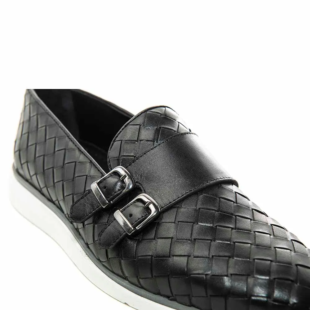 SIGOTTO UOMO Woven Double Buckle Black Soft Leather Casual Shoes