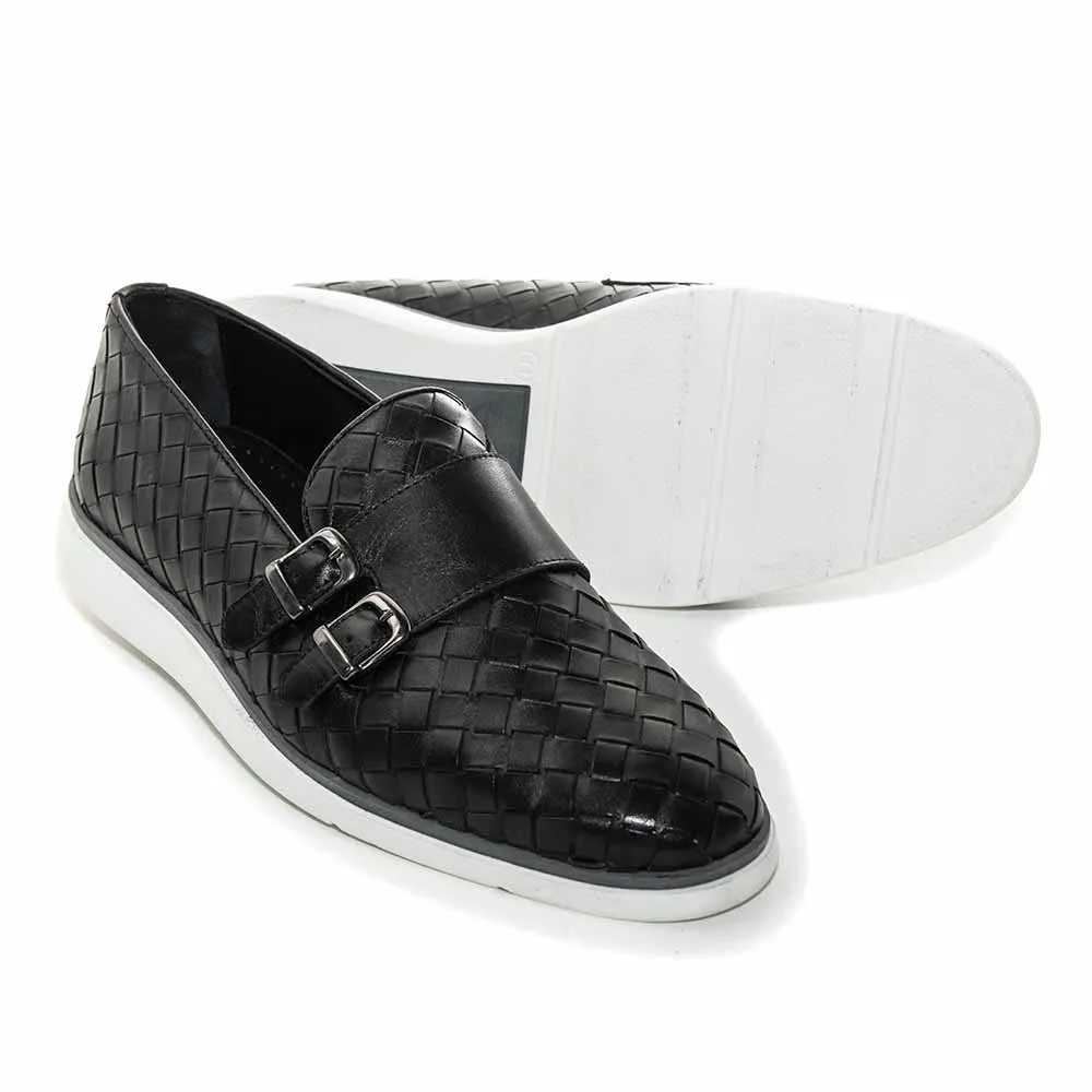 SIGOTTO UOMO Woven Double Buckle Black Soft Leather Casual Shoes