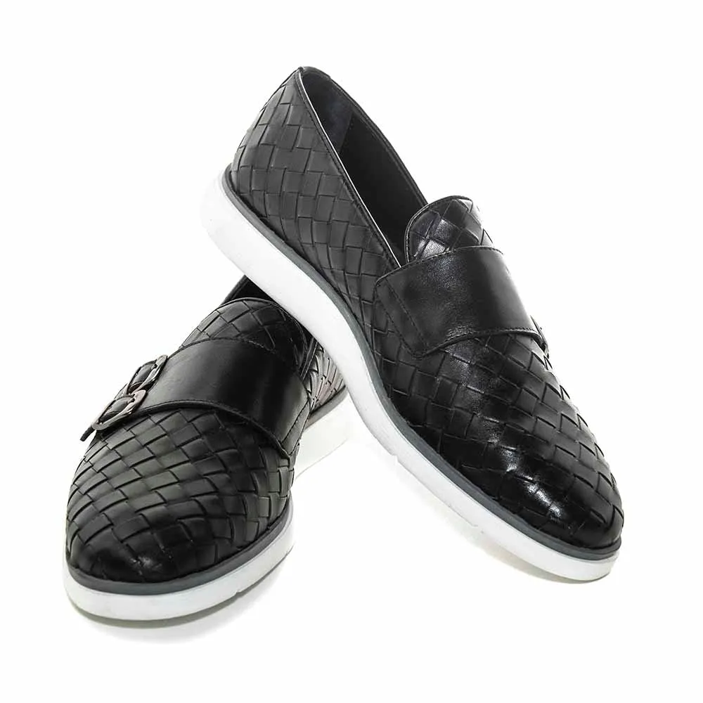 SIGOTTO UOMO Woven Double Buckle Black Soft Leather Casual Shoes