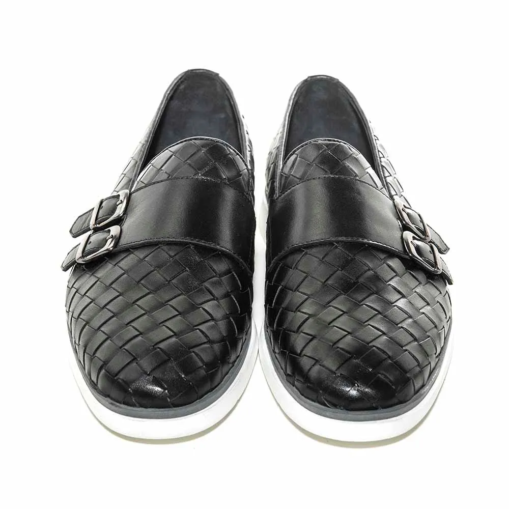 SIGOTTO UOMO Woven Double Buckle Black Soft Leather Casual Shoes