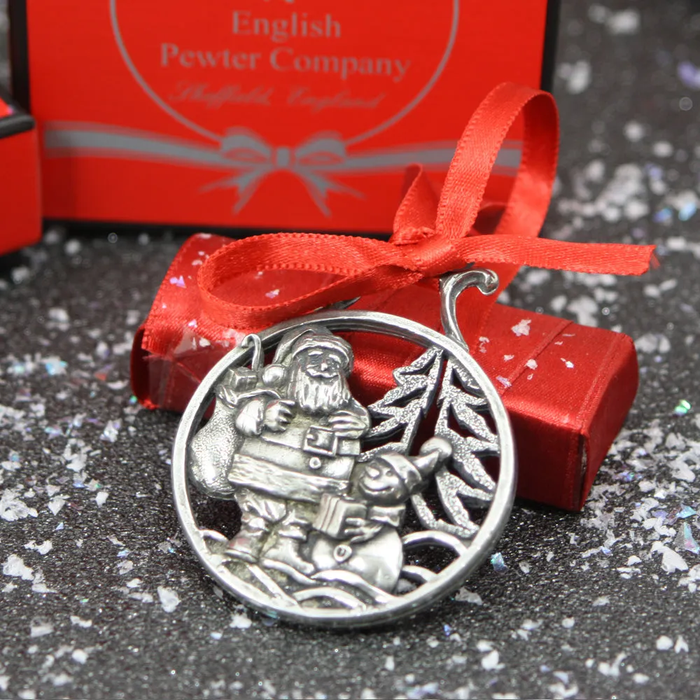 Snowman and Santa Christmas Tree Pewter Ornament Bauble Decoration