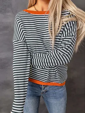 Striped Color Contrast Dropped Shoulder Long Sleeve Top